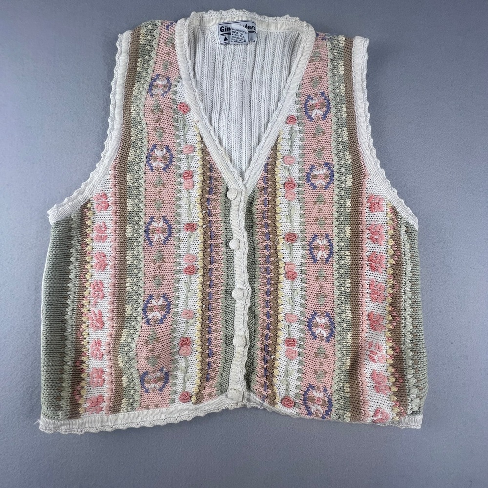 VTG Gina Peters Sweater Vest Womens L Floral Knit Buttons Cottagecore Gramma